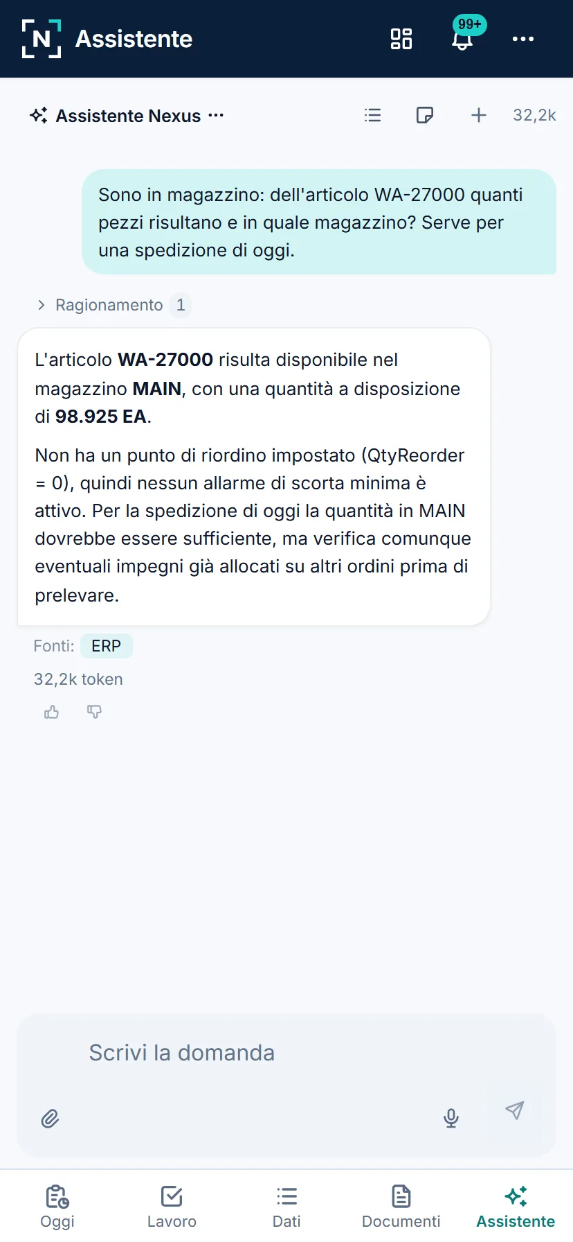 Nexus da smartphone: l'assistente elenca ordini aperti e righe in ritardo di un cliente prima di una visita