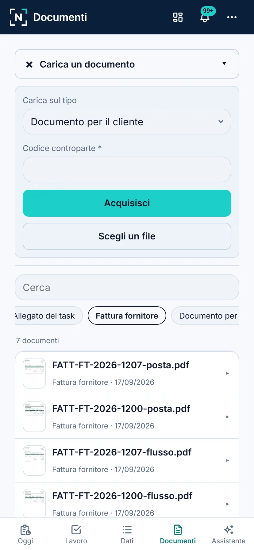 Nexus da smartphone: caricamento di un documento scegliendo il tipo, con la fotocamera o da file