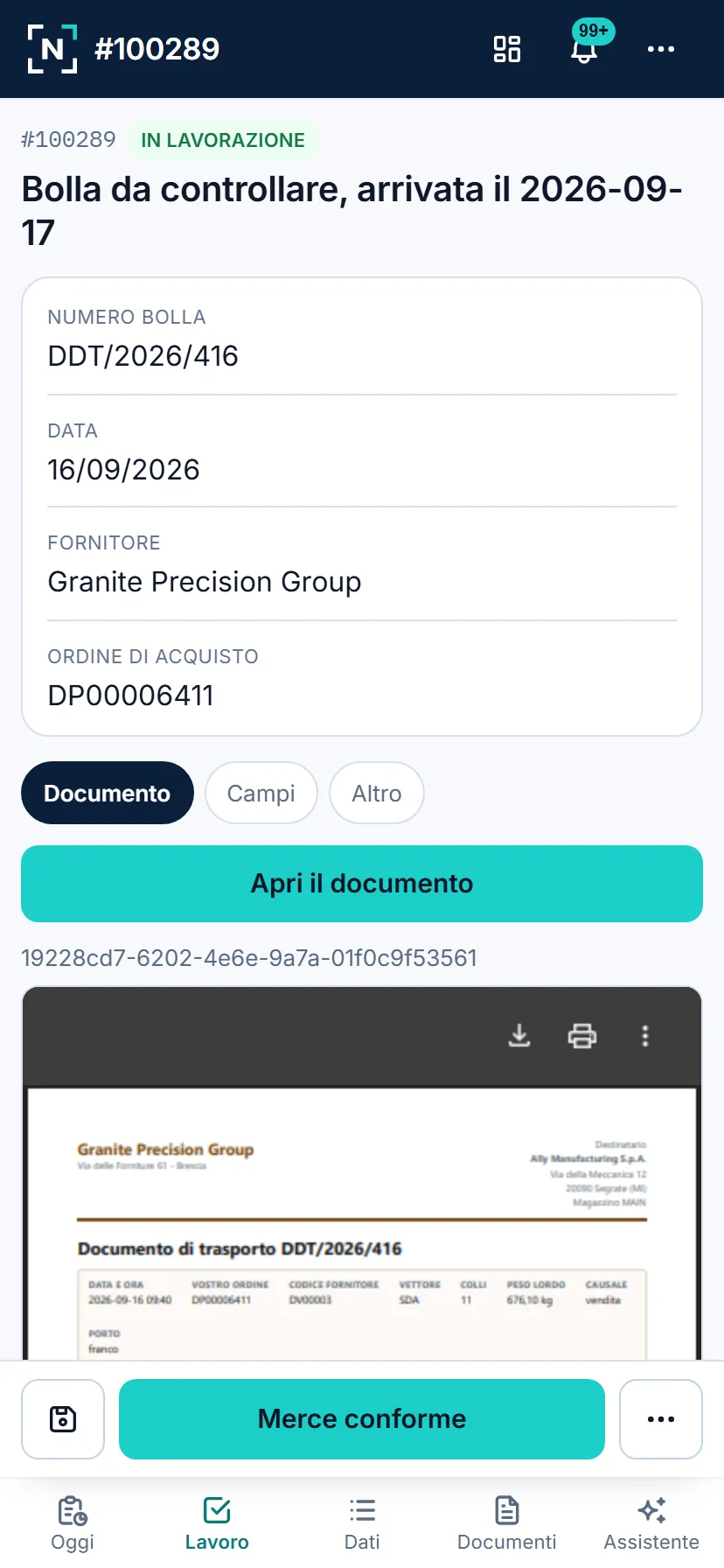 Nexus da smartphone: task di una bolla da controllare con i dati letti, il documento e il pulsante Merce conforme